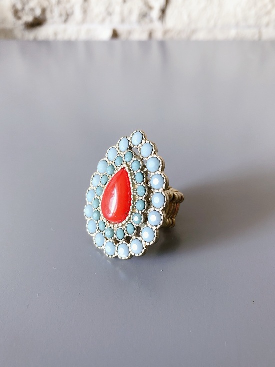 Jewelry - Brushed Gold tone Statement Stretch Teardrop Ring with Coral Red & Teal blue